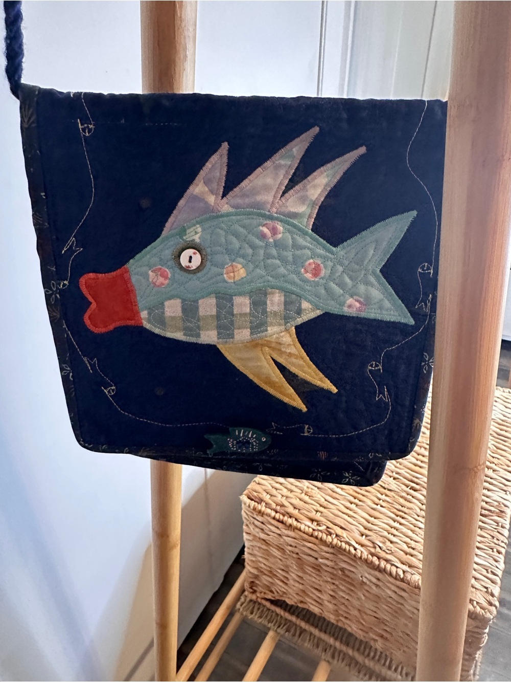 Handcrafted Navy Fish Bag with Teal & Red Accent